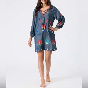 NWT Tommy Bahama Chambray Ikat Split Neck Tunic Cover Up/Dress Sz XL